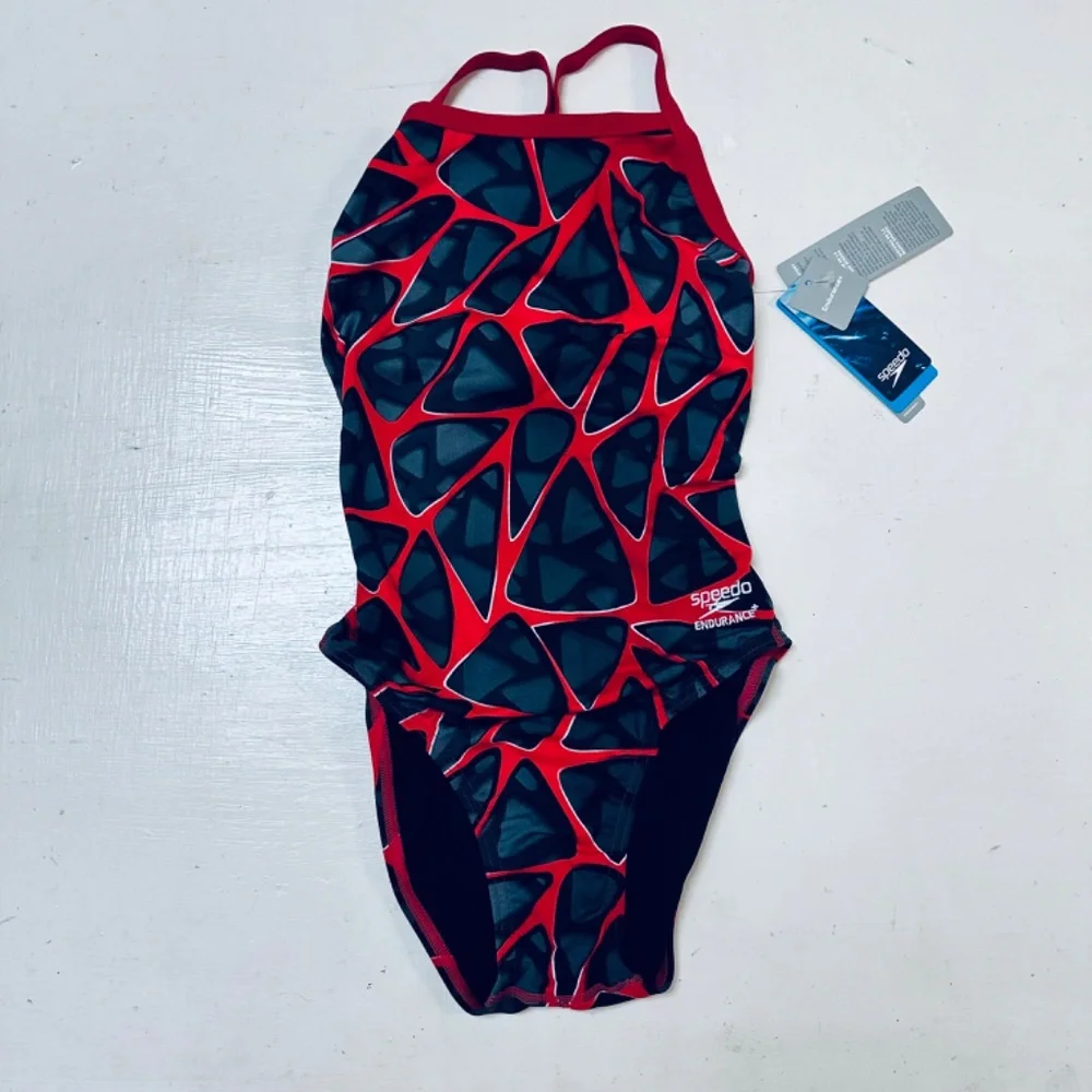 speedo Women's Swimsuit Hard Wired One Back Size 30 Red Black Abstract Print New - Picture 5 of 10